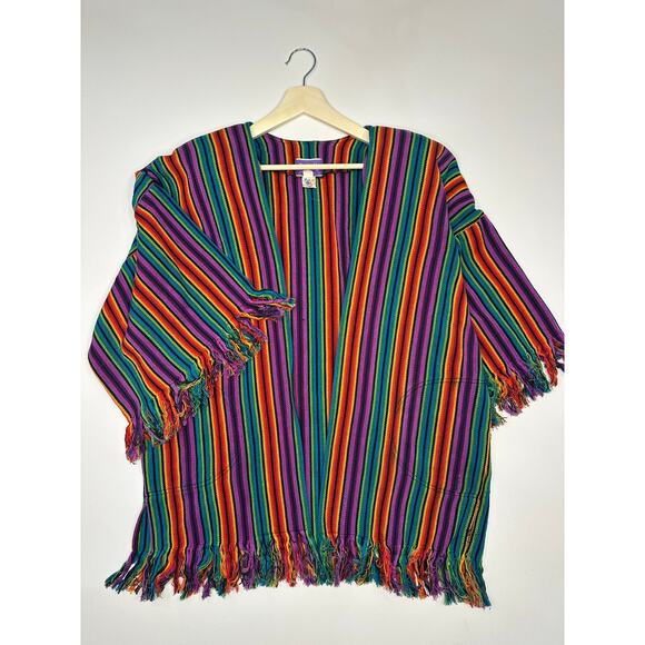 Carolene De Mesilla Jackets & Blazers - Vintage 1980’s Carolene De Mesilla Woven Striped Fringe Kimono Poncho Jacket